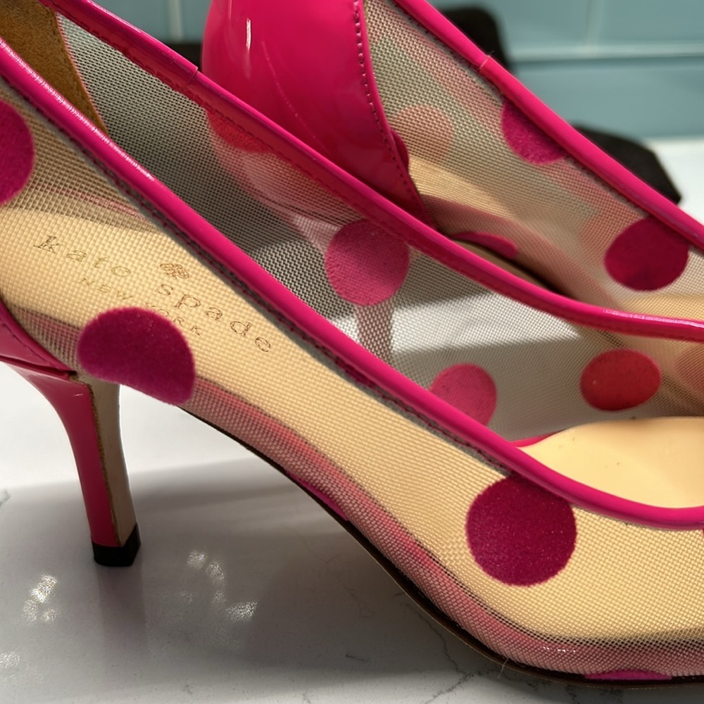 Kate Spade Pink Polka Dot with Mesh and Pink Bow Accents. 2 Inch Heels/Pumps. - Picture 2 of 8